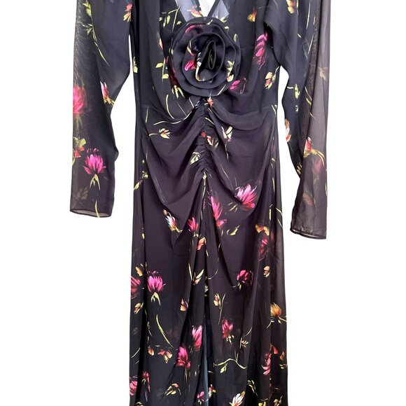 Rotate $469 Floral Size Small Maxi Dress Rosette Ruched Long Sleeve Formal NWT - Picture 7 of 13